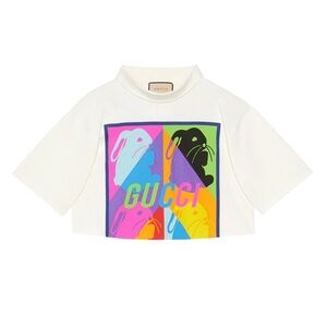 GUCCI Cropped Bunny Print Mock-Neck T-Shirt